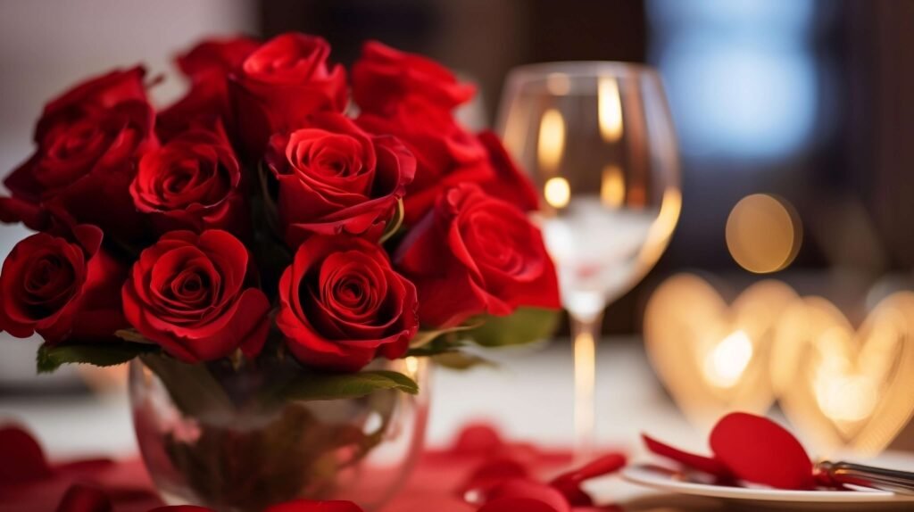 a short vase of red roses in foreground, on a tabletop, with a wine class and heart shaped wood items blurred in background
